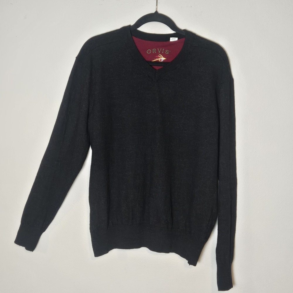 Orvis Mens XL Navy Gray 100% Merino Wool V-Neck Sweater Fly Fishing Logo
